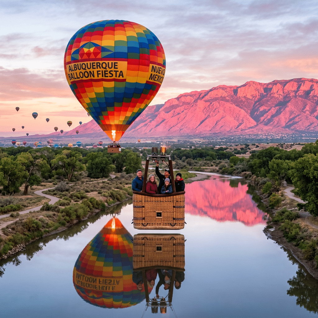 Hot air balloon over Rio Grande valley sunrise