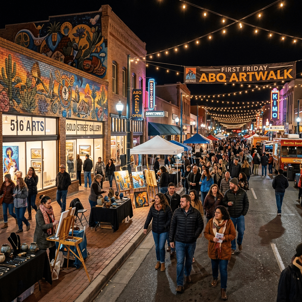 First Friday ABQ Artwalk evening art crawl in downtown Albuquerque with open galleries and street artists