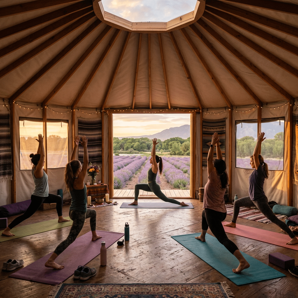 Morning yoga class in the wellness yurt at Los Poblanos lavender farm, Albuquerque NM