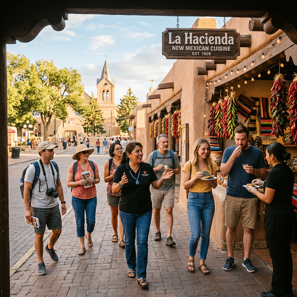 New Mexico Flavors food tour walking through historic Old Town Albuquerque plaza