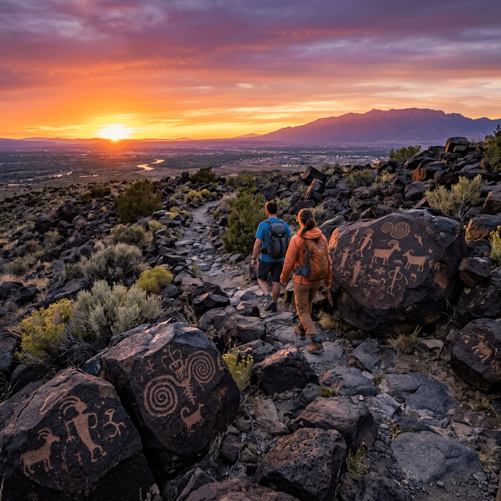 Sunset trail hike at Petroglyph National Monument with ancient rock carvings, Albuquerque NM